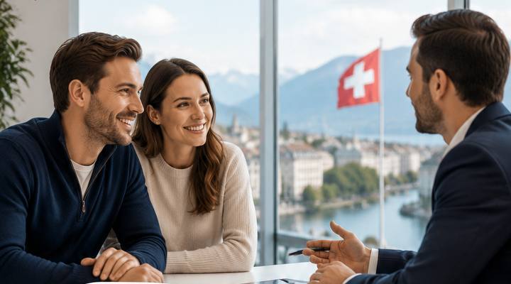 Illustration d’un échange autour de démarches administratives, drapeau suisse et lac en arrière-plan